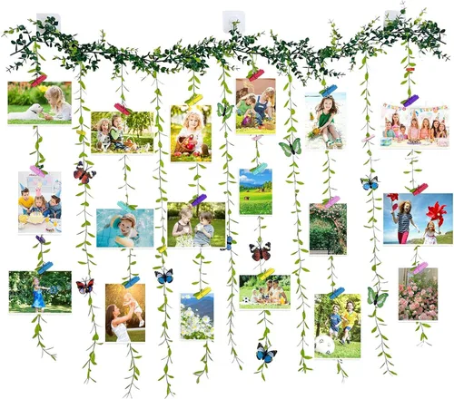 Expositor de fotos para colgar en la pared con clip, juego de collage de marcos de fotos de hojas de árbol de vid artificiales con 40 clips y 8
