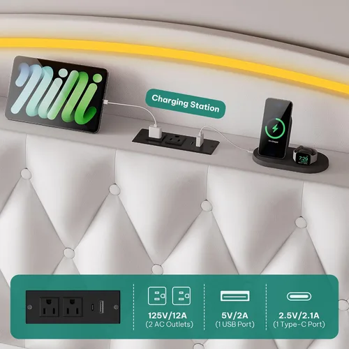 Miniatura 4 de YITAHOME Base de cama tamaño King con 4 cajones de almacenamiento y luces LED RGB, cama tapizada de terciopelo de 57 pulgadas de alto con estación