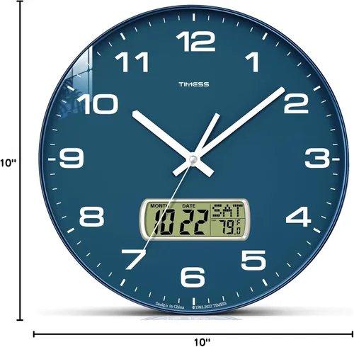 Miniatura 6 de TIMESS Reloj de pared, esfera de 10 pulgadas, silencioso, funciona con pilas, analógico con pantalla LCD para calendario perpetuo y temperatura F°
