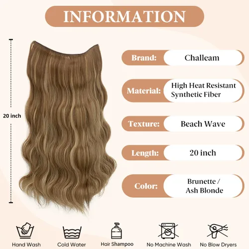 Miniatura 4 de Extensiones de cabello de alambre transparente invisible con 3 clips seguros, diadema ajustable, tamaño ondulado, rizado, largo, sintético