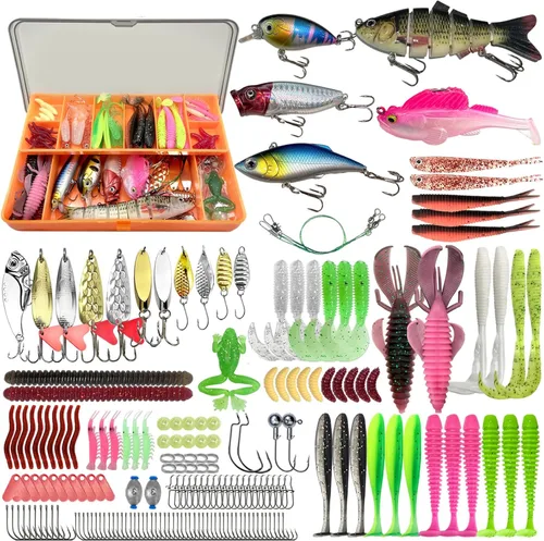 Caja de aparejos de pesca, 193 piezas de accesorios de pesca, incluyendo señuelos Topwater, anzuelos, VIB, cebos suaves, kit de cebo de pesca,