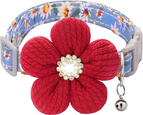 Miniatura 11 de Collar para perro mediano con flor, collares de perro para perros medianos Collar para niña Collar de perro lindo con campana, longitud ajustable