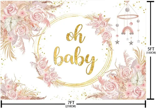 Miniatura 5 de SENDY Telón de fondo bohemio de 7 x 5 pies para niña, diseño floral rosa para baby shower, decoración de fiesta de baby shower, fiesta de baby