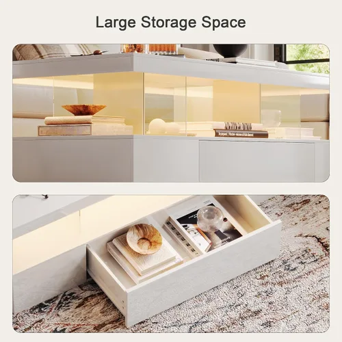 Miniatura 6 de ChooChoo Mesa de centro moderna con LED, mesa central de alto brillo con cajón, mesa auxiliar rectangular con almacenamiento para sala de estar