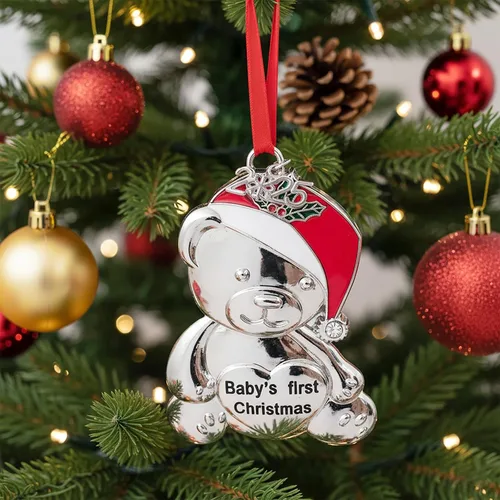 Miniatura 7 de Adorno personalizado para la primera Navidad del bebé 2025, decoración del árbol de Navidad, oso de peluche de metal con gorro de Navidad rojo