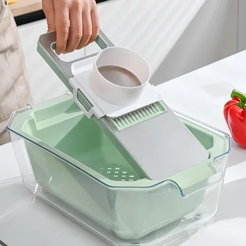 Miniatura 5 de Rallador de mandolina con cesta de drenaje, rallador de alimentos con contenedor, triturador de cocina 6 en 1 de acero inoxidable, rallador