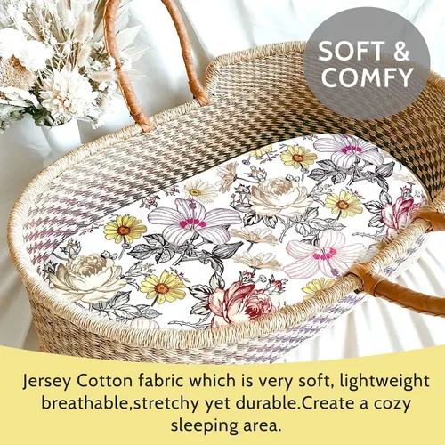 Miniatura 4 de Sábana de moisés, algodón jersey para bebé, niño/niña, sábanas bajeras flexibles para la mayoría de colchones de moisés Boho floral