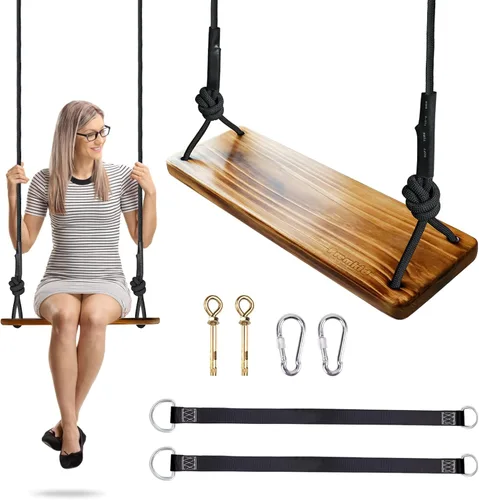 Columpio de Madera Colgante Carbonizada, Columpio de Árbol de 24"x 8"x 1.2" para Adultos y Niños con Carga de 500lbs, Cuerda de Escalada Ajustable