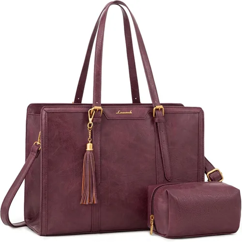 Miniatura 15 de LOVEVOOK Bolsa de mano para laptop para mujer, bolsa de trabajo vintage de 15.6 pulgadas con embrague, bolso grande de cuero para laptop con soporte