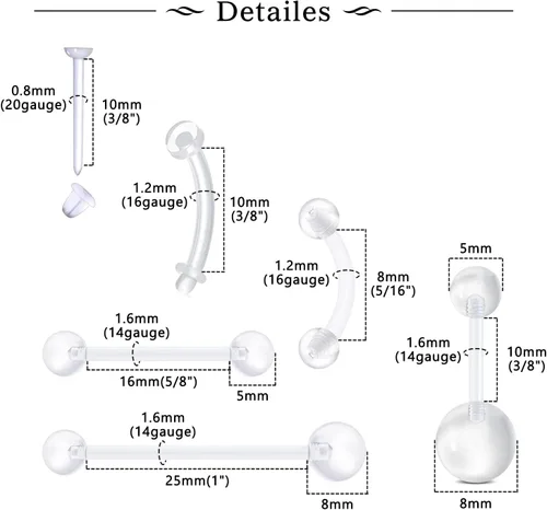 Miniatura 2 de 37 piezas de retenedores de piercing transparentes para el trabajo, anillos de nariz de plástico bioflex, tachuelas, anillos para el vientre