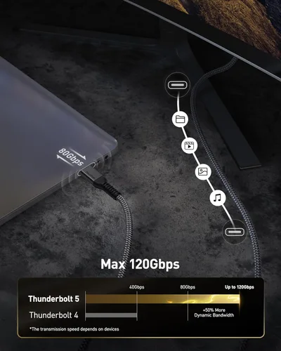 Miniatura 2 de Maxonar Cable Thunderbolt 5 de 80 Gbps de 4 pies, carga de 240 W, pantalla dual de 8K, 3 veces más rápido que TB4 para editores de video de 16 K