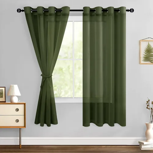 Miniatura 100 de Hiasan - Cortinas traslúcidas de gasa cortas semitransparentes con ojales y alzapaños filtrantes de luz para ventana, dormitorio, baño, 2 paneles
