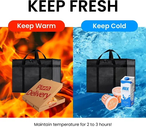 Miniatura 49 de NZ home Bolsa térmica XXL aislada y calentador de alimentos para entrega y compras de comestibles con parte superior con cremallera, color negro