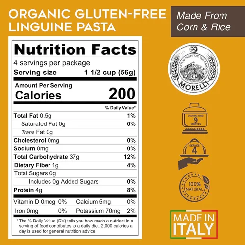 Miniatura 2 de Morelli Pasta Linguine orgánica sin gluten, pasta sin trigo hecha con maíz, fideos de maíz veganos, pasta sin gluten, pasta orgánica importada
