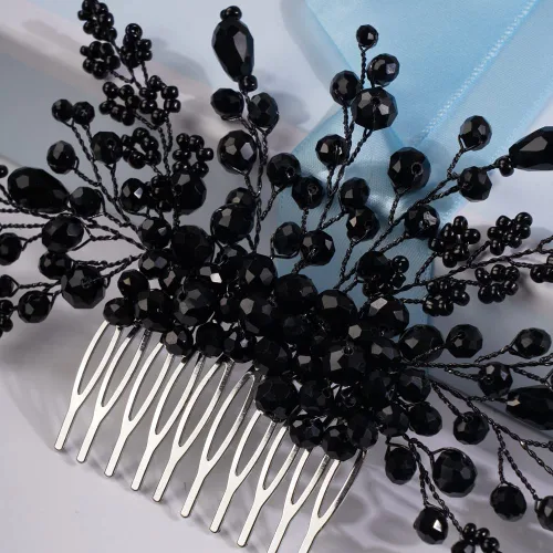Miniatura 5 de Missgrace Mujeres nupcial boda hecho a mano cristales negros lado pelo peine ocasión especial tocado negro mujeres accesorios para el cabello