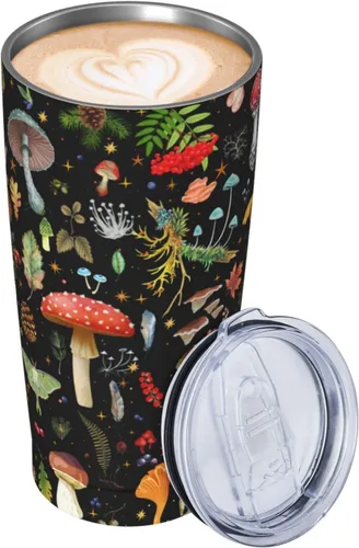 Taza de hongos, taza de hongos, regalos de hongos, taza de café de 20 onzas, taza de viaje aislada con tapa a prueba de fugas, vaso reutilizable de