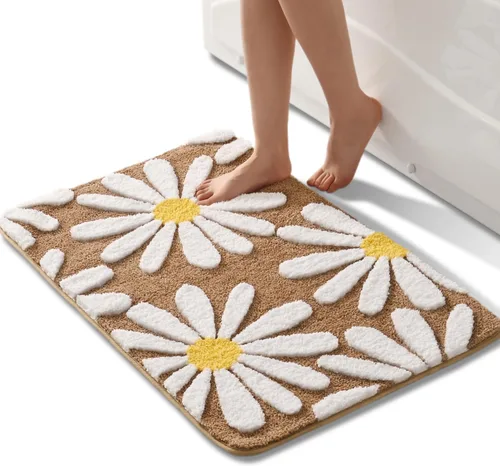 Miniatura 16 de QJHOMO Alfombra de baño azul con diseño de margaritas, decoración de flores blancas y amarillas, alfombra antideslizante de microfibra, súper Azul