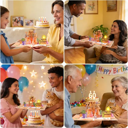 Miniatura 5 de Tarjeta de cumpleaños de gato desplegable 3D con canción de miau, velas sopladas y luces coloridas, bonito regalo sorpresa para niños, niñas, hijo