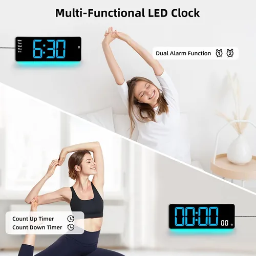 Miniatura 6 de Reloj de pared digital de 17.5 pulgadas, pantalla LED con hora, fecha, mes, temperatura y humedad, control remoto DST, alarma, temporizador, brillo