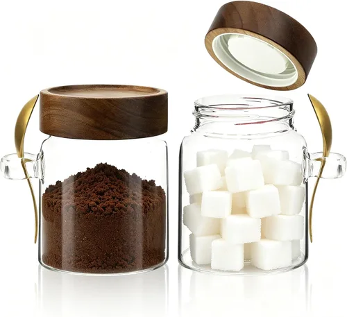 Tarros de café de vidrio para especias, recipiente redondo de almacenamiento con tapa de madera, tarro de alimentos de vidrio transparente para