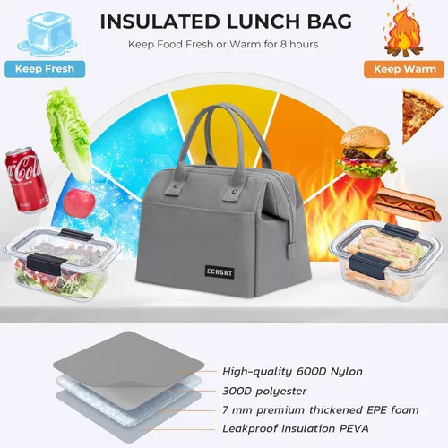 Miniatura 4 de ECHSRT Lonchera grande aislada para mujeres y hombres, a prueba de fugas, para el trabajo, viajes, adultos, lonchera térmica para oficina, 10 L, Gris