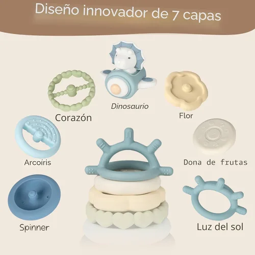 Miniatura 9 de Moonkie Juguetes apilables de dinosaurio para bebés, anillos de silicona de 7 piezas para aliviar la dentición, juguete educativo para bebés y niños
