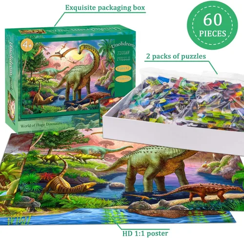 Miniatura 3 de Rompecabezas para niños de 4 a 6 años – 2 x 60 piezas rompecabezas para niños de 3 a 5 6 a 8 años – El mundo de enormes dinosaurios – Juguetes