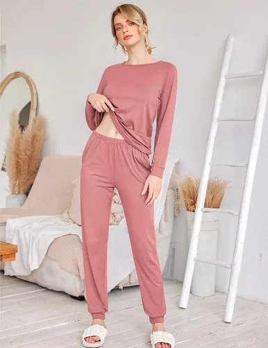 Miniatura 31 de Ekouaer Conjunto de pijama de manga larga para mujer, ropa de dormir suave con cuello redondo y bolsillos