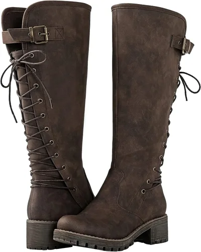 Miniatura 2 de GLOBALWIN - Botas de combate de equitación altas con cordones para mujer, cómodas botas góticas de motocicleta para mujer con cremallera y tacón