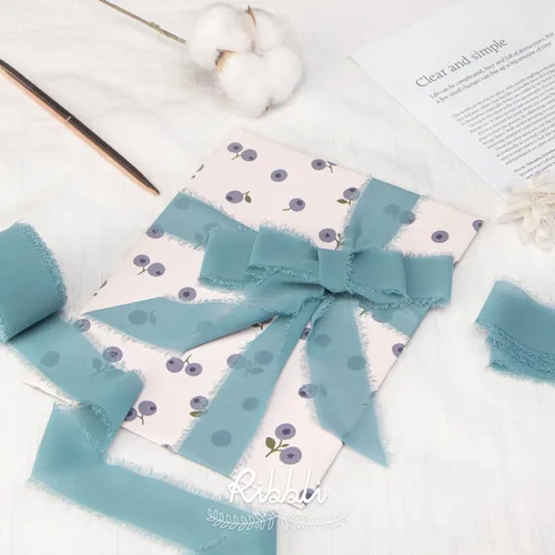 Miniatura 3 de Ribbli Cinta de Gasa Azul Marino Profundo de 1-1/2 pulgadas x 20 Yardas Cinta de Seda de Gasa con Flecos Hecha a Mano, Cinta Azul para Invitaciones