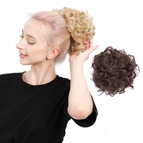 Miniatura 13 de Moño de cabello rizado desordenado, pieza de cabello sintético resistente al calor, extensiones de moño de cabello despeinado con cordón Updos Negro
