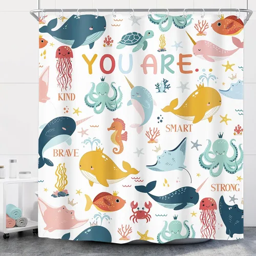 Miniatura 12 de Riyidecor Ocean - Cortina de ducha para niños, 60 pulgadas de ancho x 72 pulgadas de alto, diseño de ballena, dibujos animados, animales, delfín