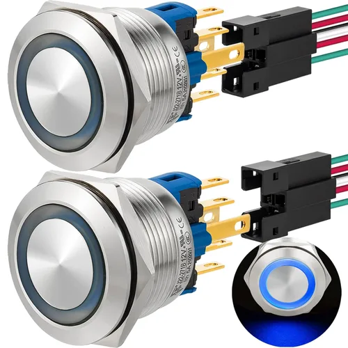 Miniatura 24 de 2 interruptores de botón de cierre de 0.866 in, 7/8 pulgadas, 110 V-120 V, SPDT, interruptor de encendido y apagado, impermeable, IP67, acero Azul