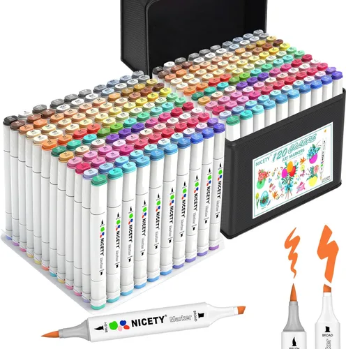 NICETY Marcadores de Alcohol de 120 Colores con Doble Punta Pincel y Cincel – Juego de Marcadores de Arte a Base de Alcohol para Bocetos, Dibujo,