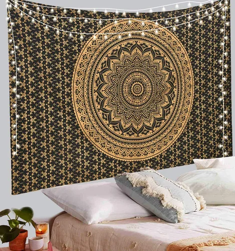 ANJANIYA - Tapiz para colgar en la pared, diseño de mandala, nuevo sombreado dorado, decoración de dormitorio, metálico, hippy, arte de muro,