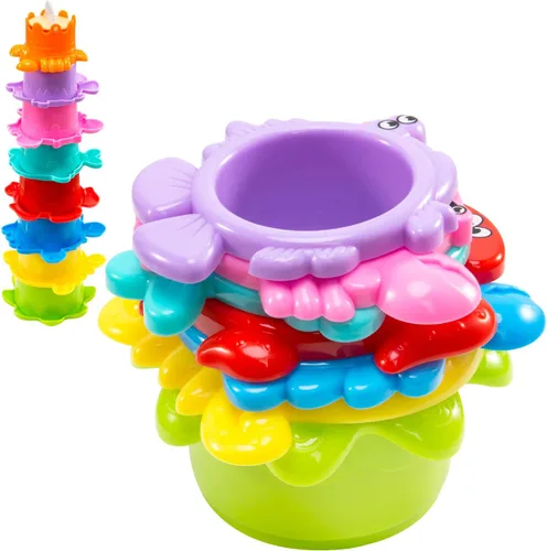 Miniatura 3 de INNOCHEER Juguetes de baño para bebés para niños pequeños, juguetes de mesa de agua con tazas apilables sin moho, red organizadora de secado rápido