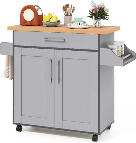 Miniatura 10 de Giantex Isla de cocina, carrito de cocina rodante con estante para especias y toallero, cajón grande y armario de almacenamiento de 2 puertas