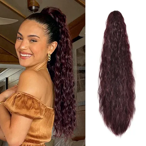 Miniatura 9 de YEAME Extensión de cola de caballo ondulada con clip de garra, cola de caballo de 22 pulgadas, pelo sintético castaño mezclado con rubio, cola