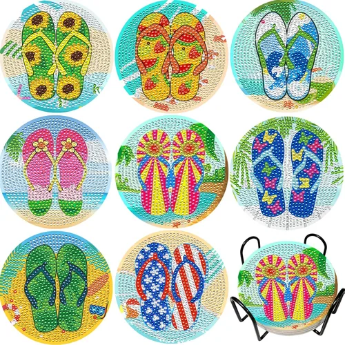 JeCuiK 8 posavasos de pintura de diamante para manualidades, posavasos de diamantes con soporte, divertidos kits de pintura de diamantes para