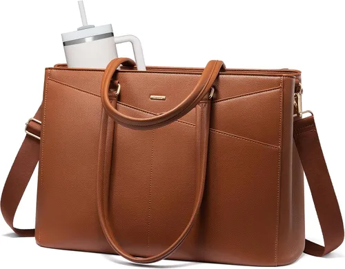 Miniatura 39 de LOVEVOOK Bolsa de mano para computadora portátil para mujer, bolsas de trabajo de cuero de 15.6 pulgadas con soporte grande para tazas para Negro