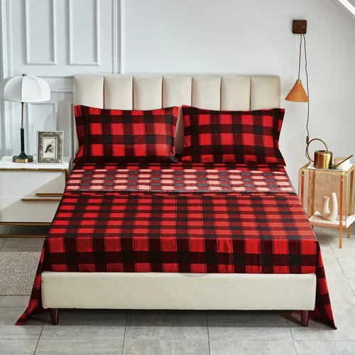 Miniatura 6 de Juego de Edredón y Sábanas de Navidad Queen en una Bolsa, 7 Piezas, Cuadros Búfalo Gingham Rojo y Negro, Juego de Ropa de Cama Estilo Navideño