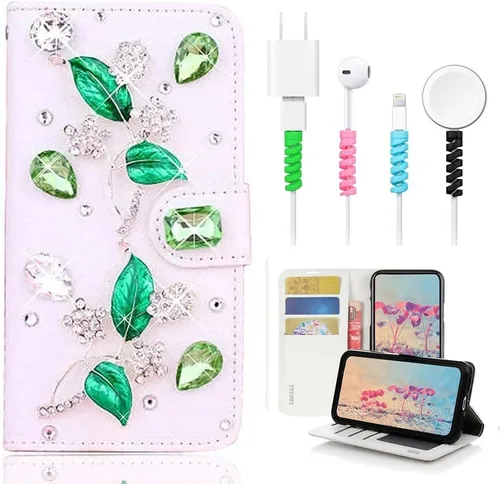 Miniatura 6 de Bling - Funda de piel tipo cartera compatible con iPod Touch 7ª generación (2019), diseño de flores y mariposas en 3D hechas a mano, con protector