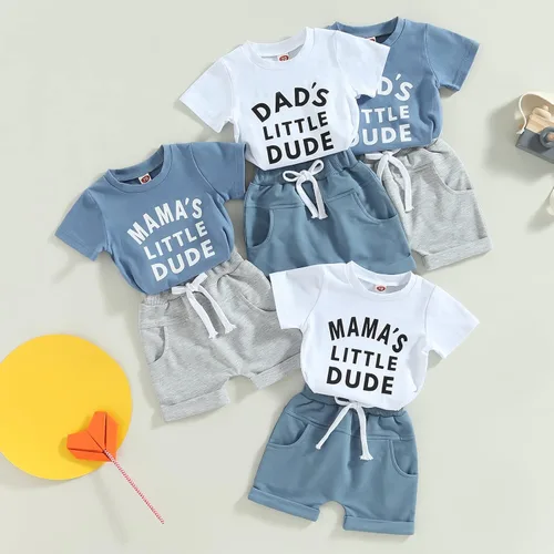 Miniatura 10 de Conjunto de traje de verano para bebé niño pequeño, manga corta, cuello redondo, letras impresas, lindo traje de verano, conjunto de 2 piezas