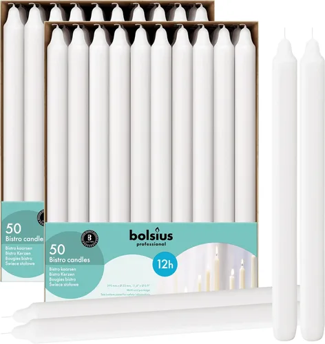 BOLSIUS Velas Blancas Rectas Sin Aroma Paquete de 100 - 12 pulgadas de largo - 12 horas de combustión, perfectas para velas de emergencia,