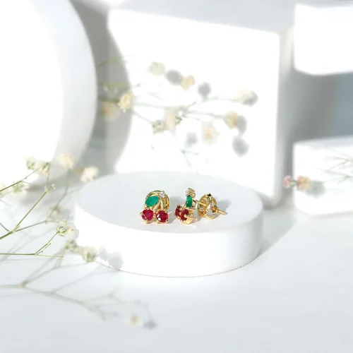 Miniatura 3 de Aretes de cereza esmeralda y rubí natural para mujer, calidad AAA certificada, aretes de tuerca de cereza roja