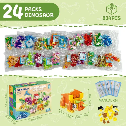 Miniatura 6 de Paquete de 24 recuerdos de fiesta para niños, juguetes de bloques de construcción de dinosaurios 3 en 1, regalos de aula para niños, rellenos