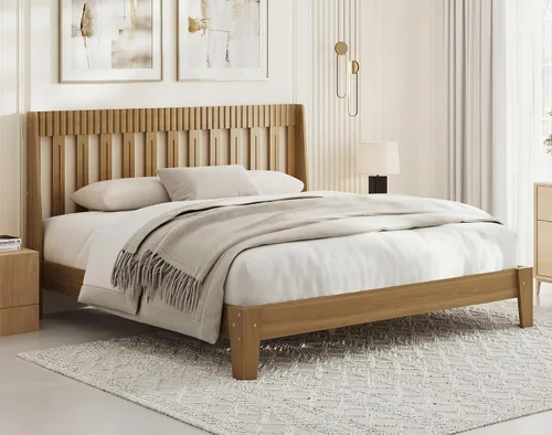 Miniatura 10 de Base de cama tamaño Queen con cabecero, marco de cama de madera moderna de mediados de siglo con cabecero acanalado y alas curvas, sin ruido,