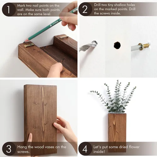 Miniatura 4 de GRID FORTE Juego de 2 macetas de pared de madera de nogal oscuro, bolsillo de pared para vegetación y flores secas, decoración de pared de granja