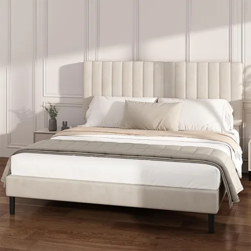 Miniatura 3 de Base de cama de plataforma de tamaño matrimonial con cabecera capitoné de canal vertical, no necesita somier, sin ruido, fácil montaje, terciopelo