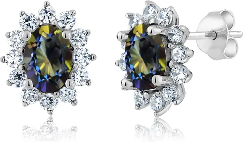 Miniatura 70 de Gem Stone King Aretes ovalados de plata de ley 925 de 0.276 x 0.197 in con piedra natal de la princesa Diana, estilo halo real para mujeres